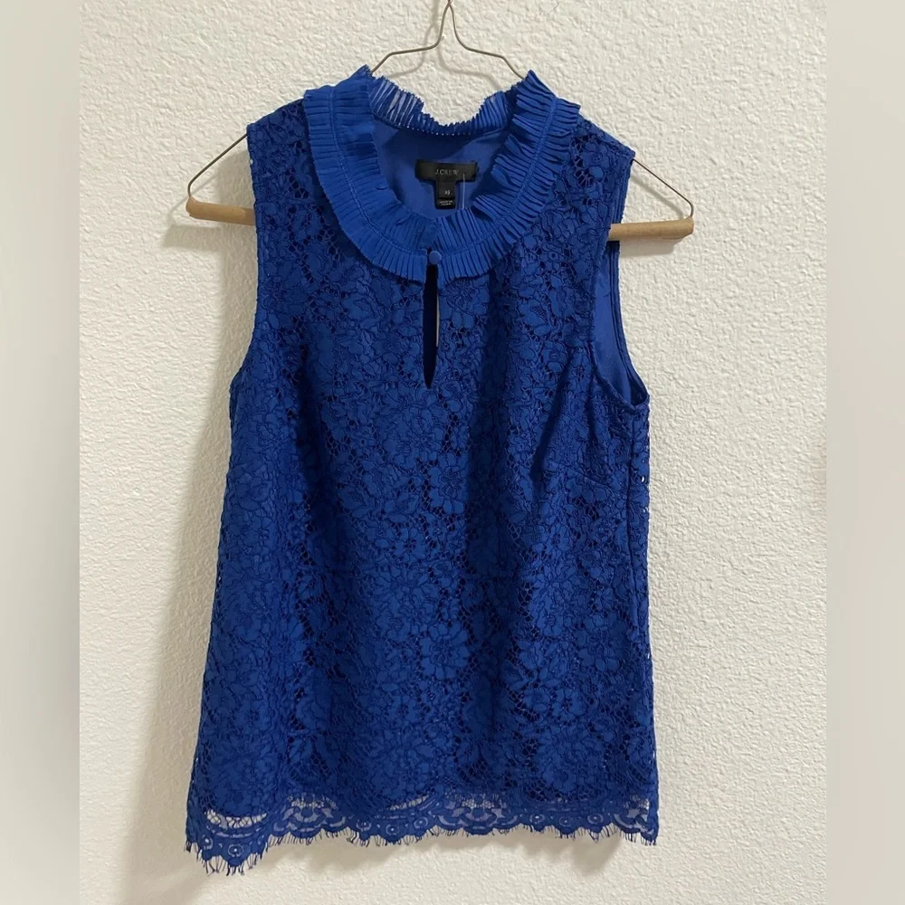 J. Crew Royal Blue Lace Sleeveless Shell with Pleated Collar NWT